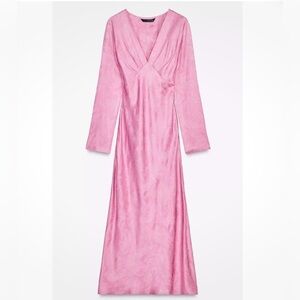 ZARA Pink Pleated V Neck Viscose Jacquard Midi Long Sleeve Dress Pink XS NWT